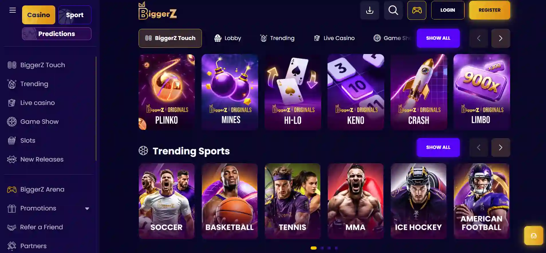 BiggerZ Casino's main page with selected games and menu against a blue background.
