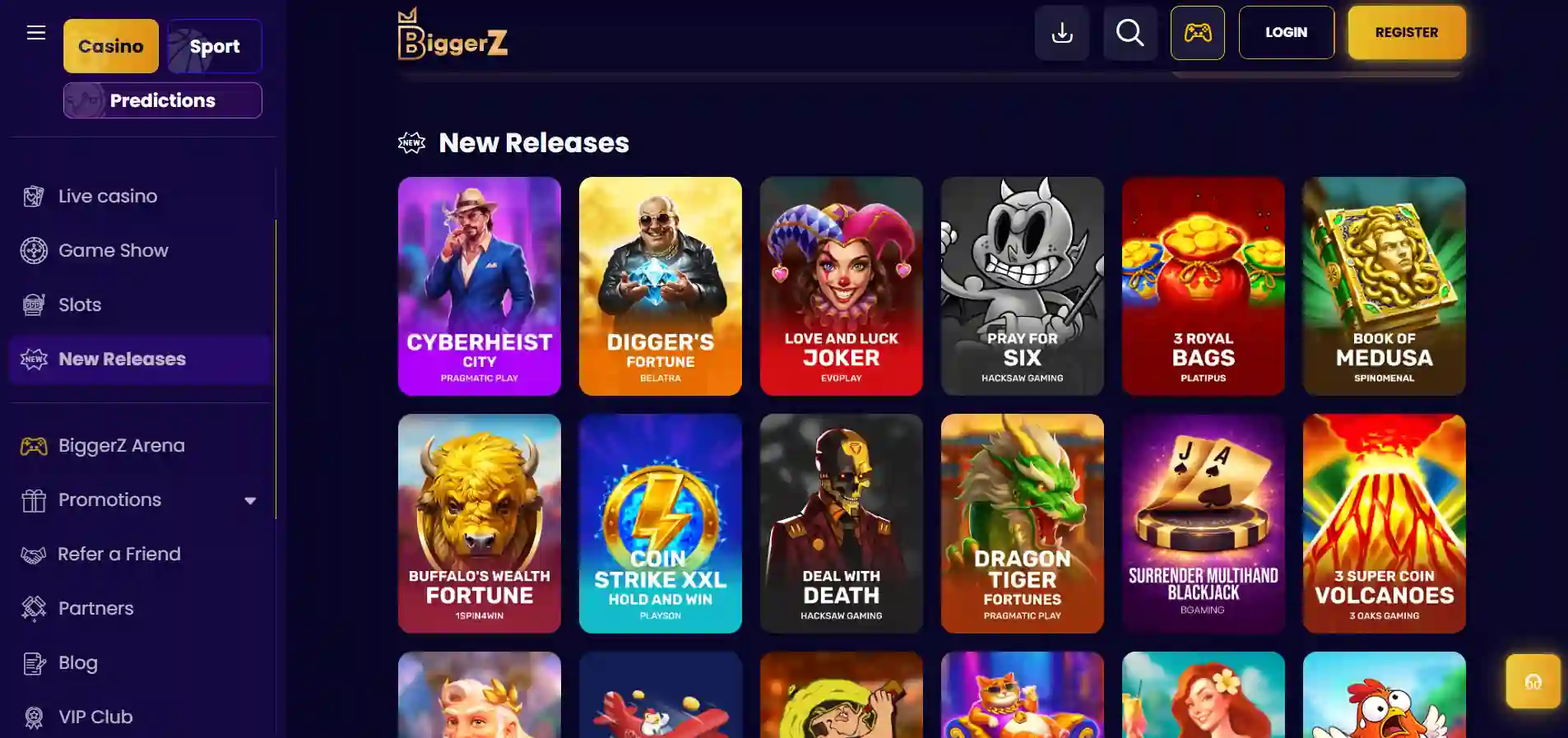 BiggerZ Casino's selected games and menu against a blue background.
