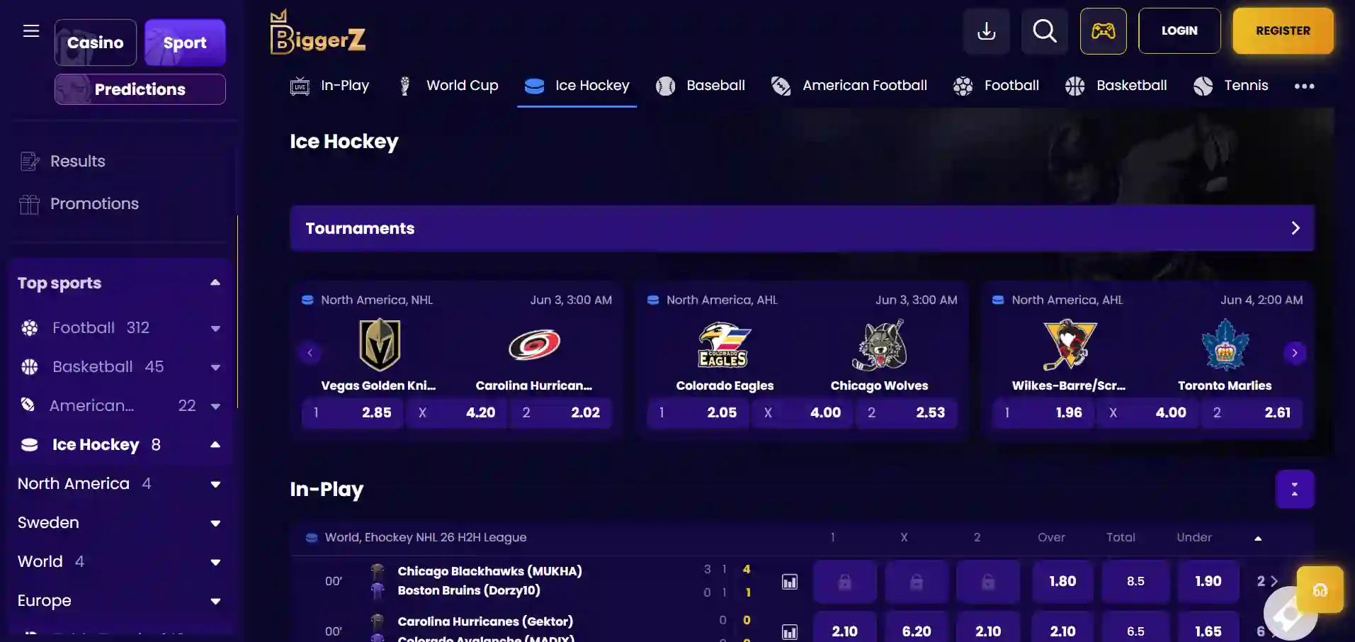 BiggerZ Casino's sports betting with ice hockey events against a blue background.
