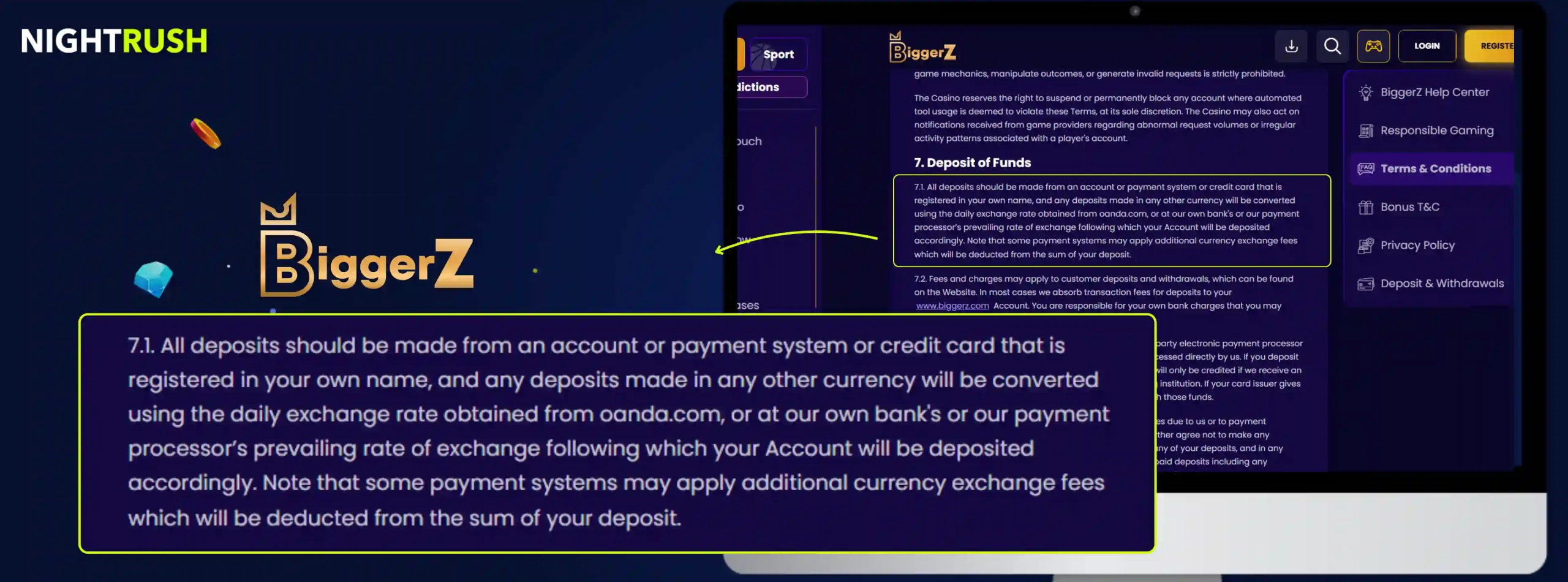 BiggerZ Casino's terms on deposit fees against a blue background.
