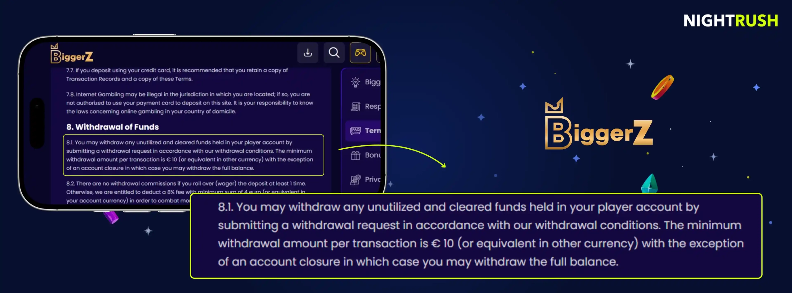 BiggerZ Casino's terms on withdrawal minimums against a blue background.
