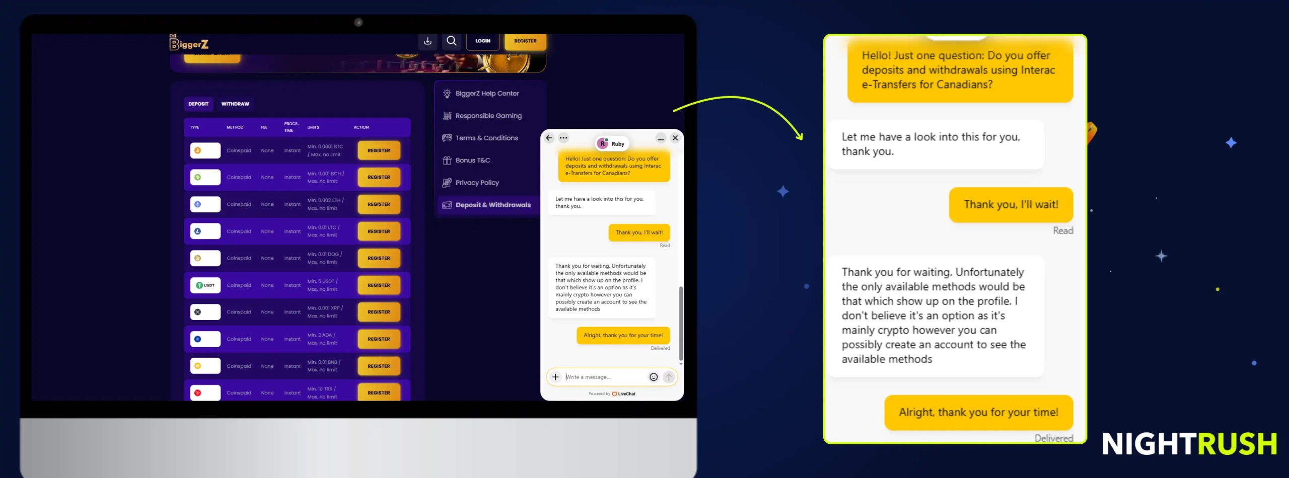 BiggerZ Casino's live chat on Interac availability against a blue background
