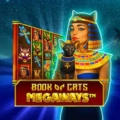 Egyptian woman holding a black cat next to a slot game interface.