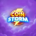 Game logo text Coin Storm stylised over a glowing golden lightning bolt and set against a purple cloud background.