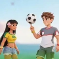 Animated man spinning a soccer ball on his finger beside a woman.