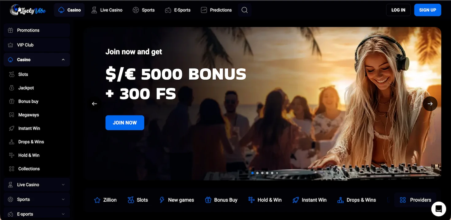 Lucky Vibe Casino homepage.