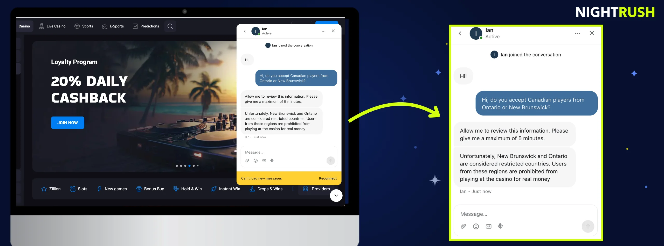 Live chat with Lucky Vibe Casino.