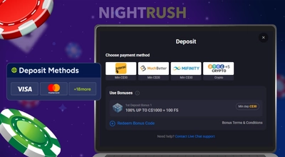 Laptop showing Lucky Vibe online casino deposit payment methods.
