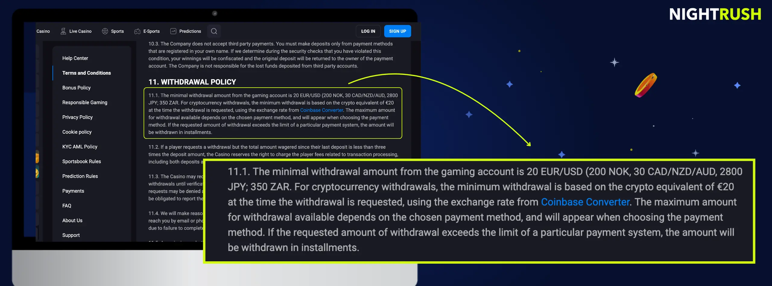 Laptop screen displaying the Lucky Vibe Casino withdrawal policy with an enlarged callout box.