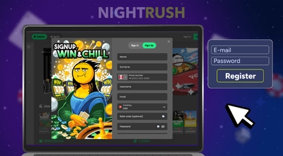 Laptop showing a registration window featuring a Win & Chill meme graphic.
