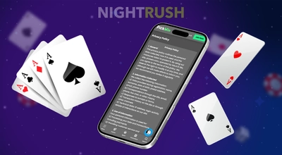 Smartphone displaying a privacy policy document next to floating playing cards.