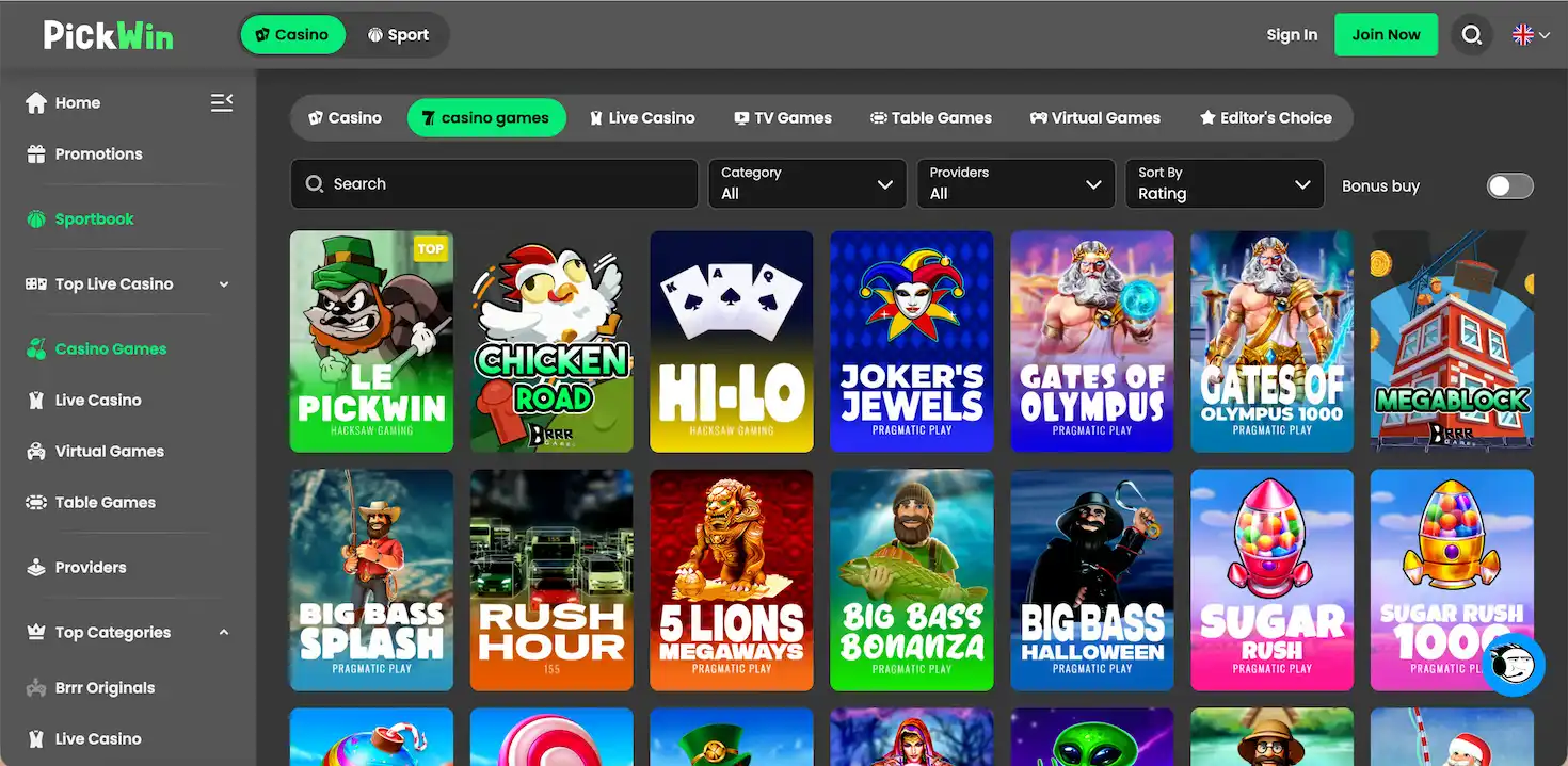 PickWin Casino game selection.