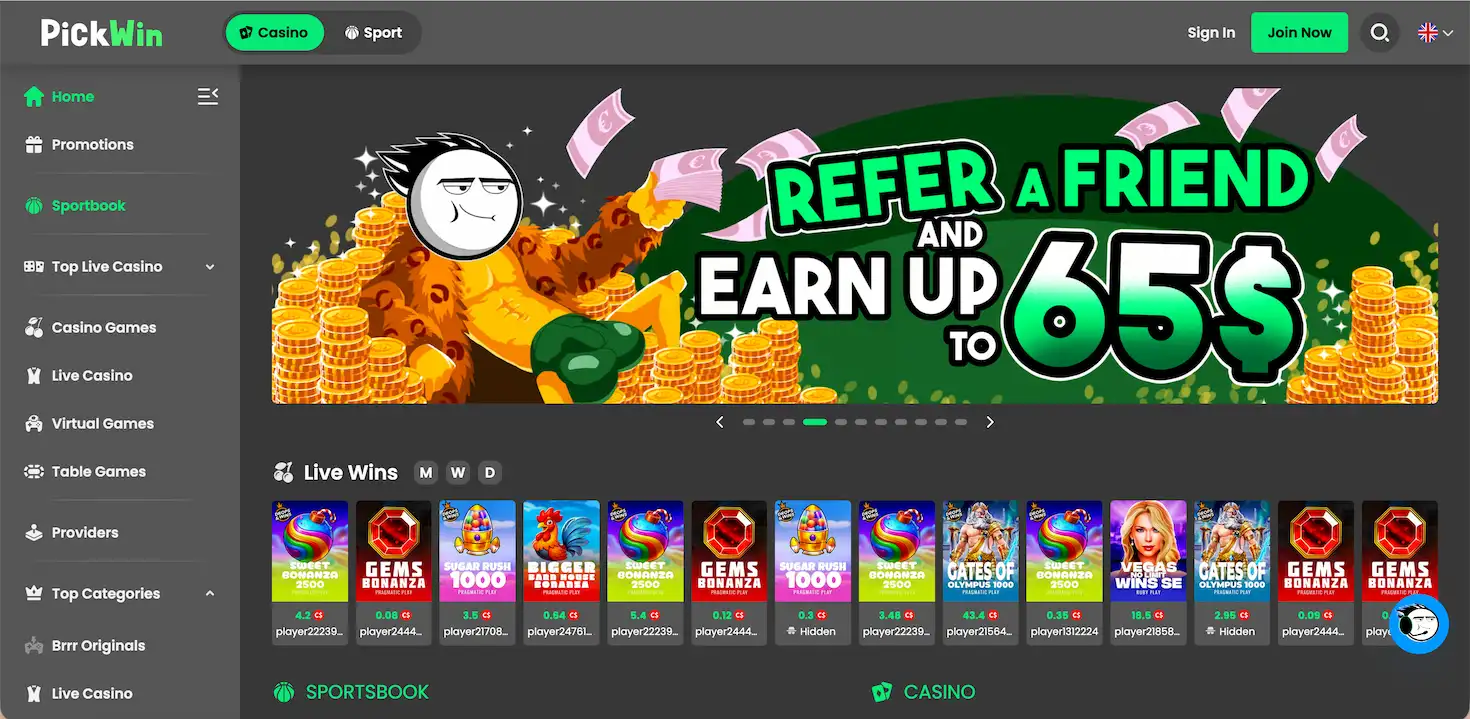 PickWin Casino homepage.