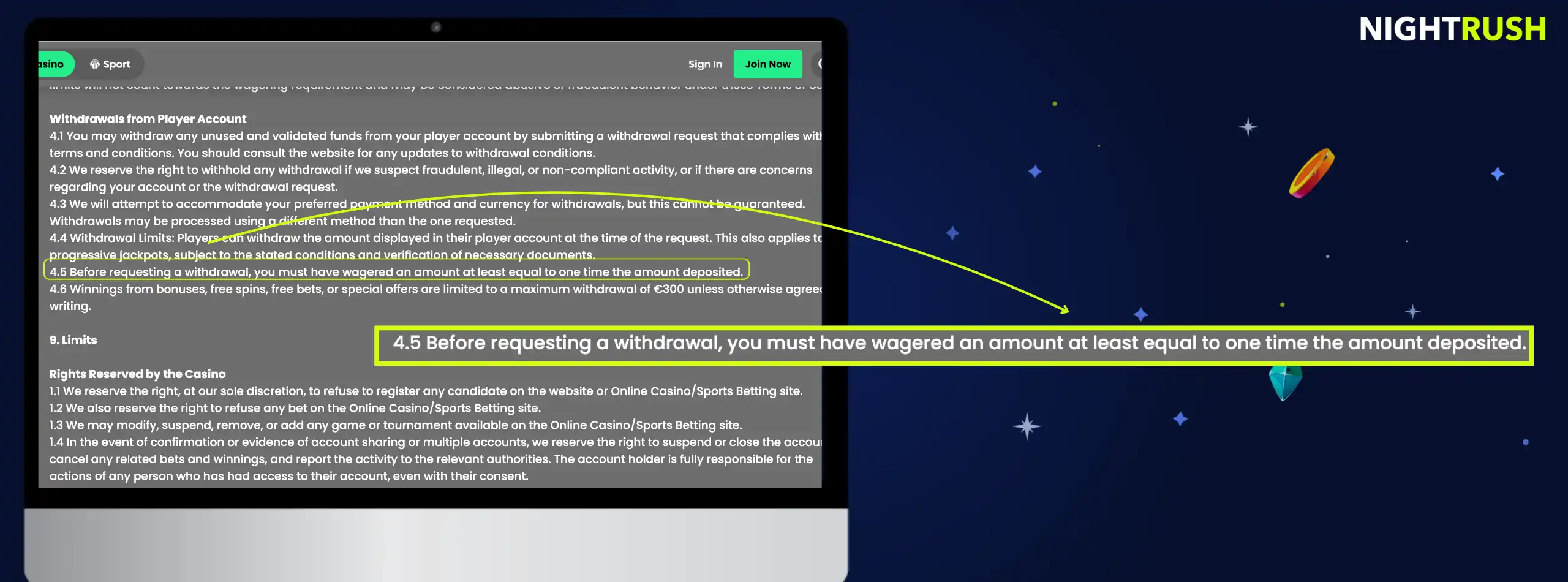 Laptop showcasing terms text with an expanded view of a 1x deposit wagering requirement.