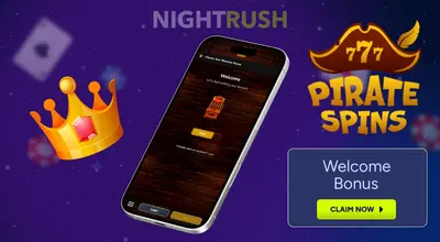 Smartphone with a welcome screen next to a Welcome Bonus claim button and logo.