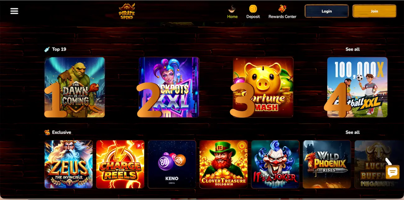 Pirate Spins Casino game selection.