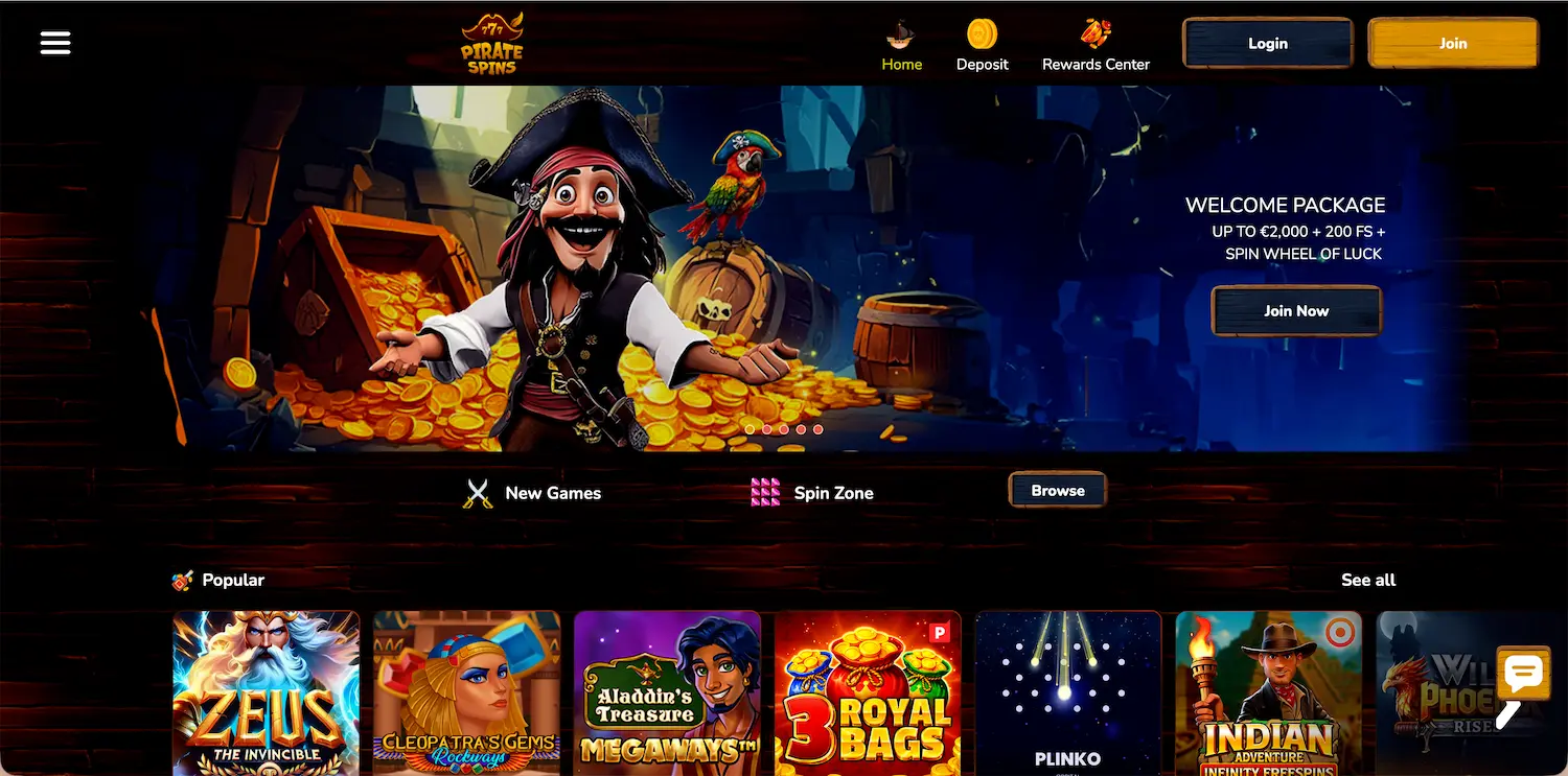 Pirate Spins Casino homepage.