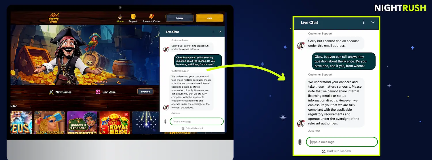 Live chat with Pirate Spins Casino.