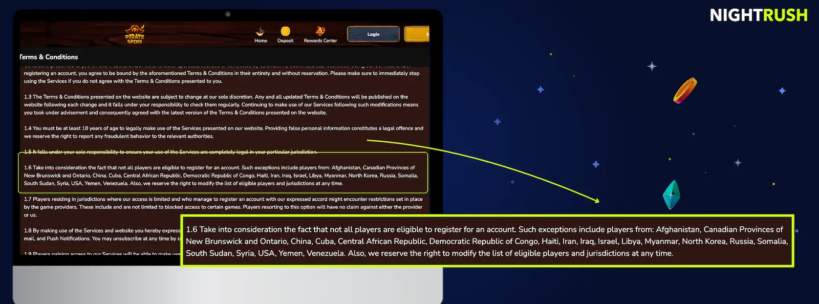 Laptop screen highlighting terms and conditions text detailing country and regional account registration restrictions.