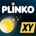 Logo for Plinko XY featuring a falling yellow sphere on a dark background.