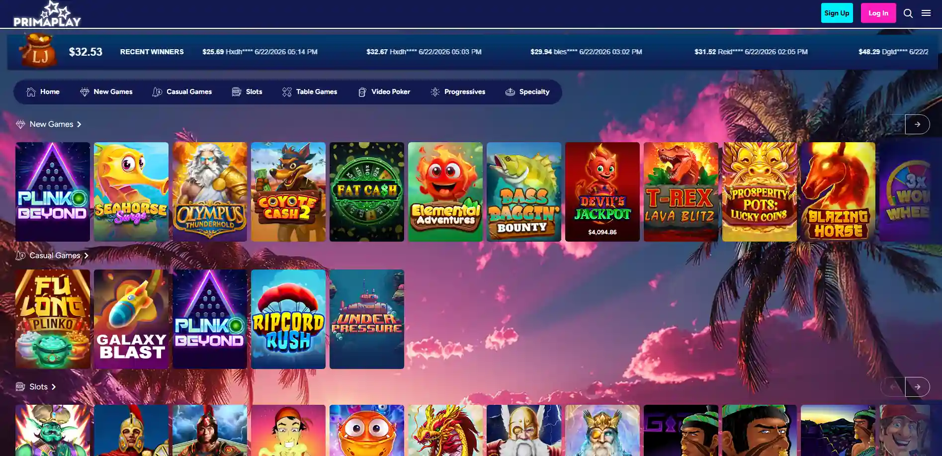 PrimaPlay Casino games page