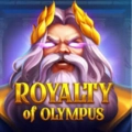 Game title Royalty of Olympus featuring Zeus with glowing eyes and a laurel wreath.