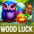 Large purple owl sitting on a branch next to a pot of gold coins, a mushroom, and a squirrel, with the text Wood Luck below them.