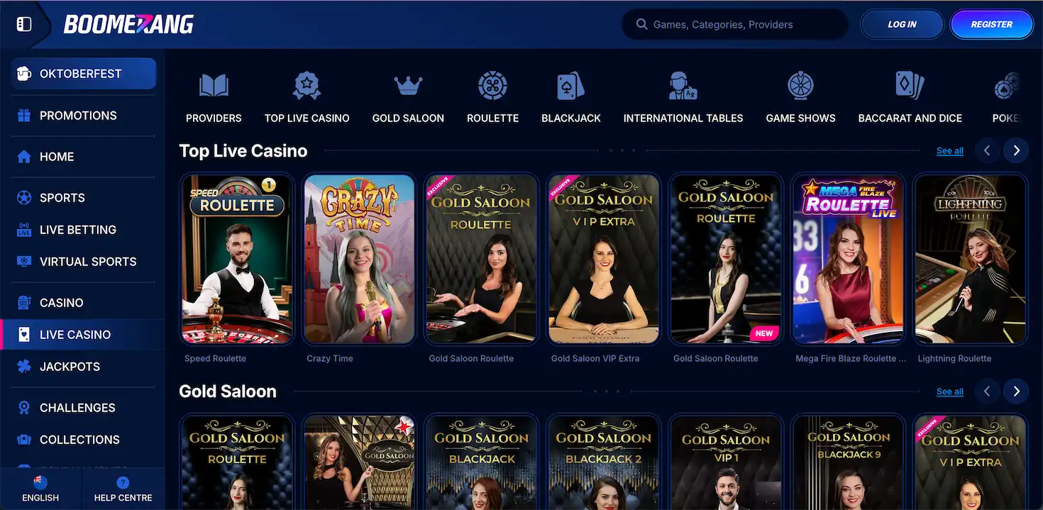 Boomerang-Bet Casino live games.