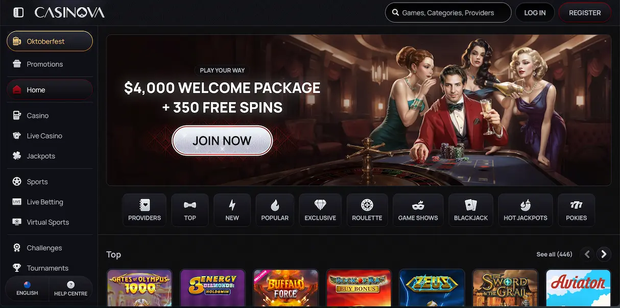Casinova Casino homepage.