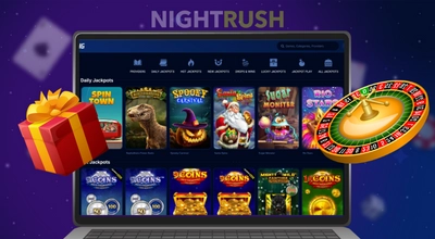 Online casino interface on a laptop showing various slot games, a roulette wheel, and a floating gift box on a dark background.