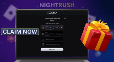 A digital device displays welcome bonus options for an online casino.