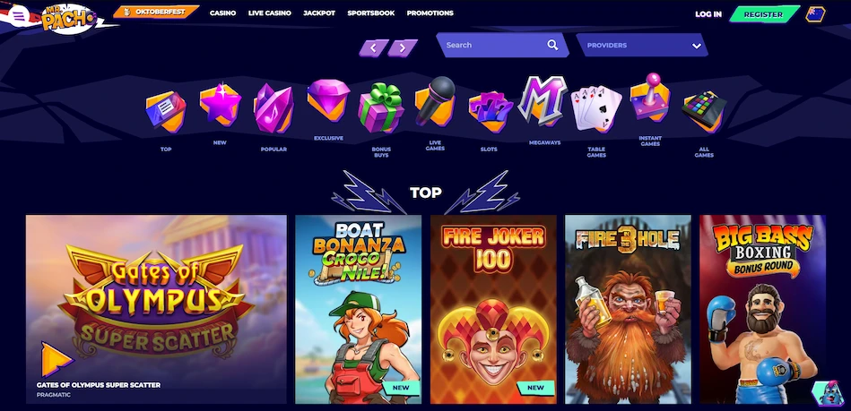 Mr Pacho casino homepage.