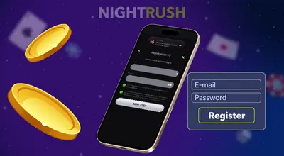 A person registers on a mobile casino app, filling in their email and password.