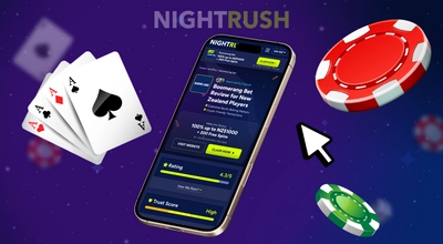 A casino review page is displayed on a mobile phone surrounded by cards and chips.