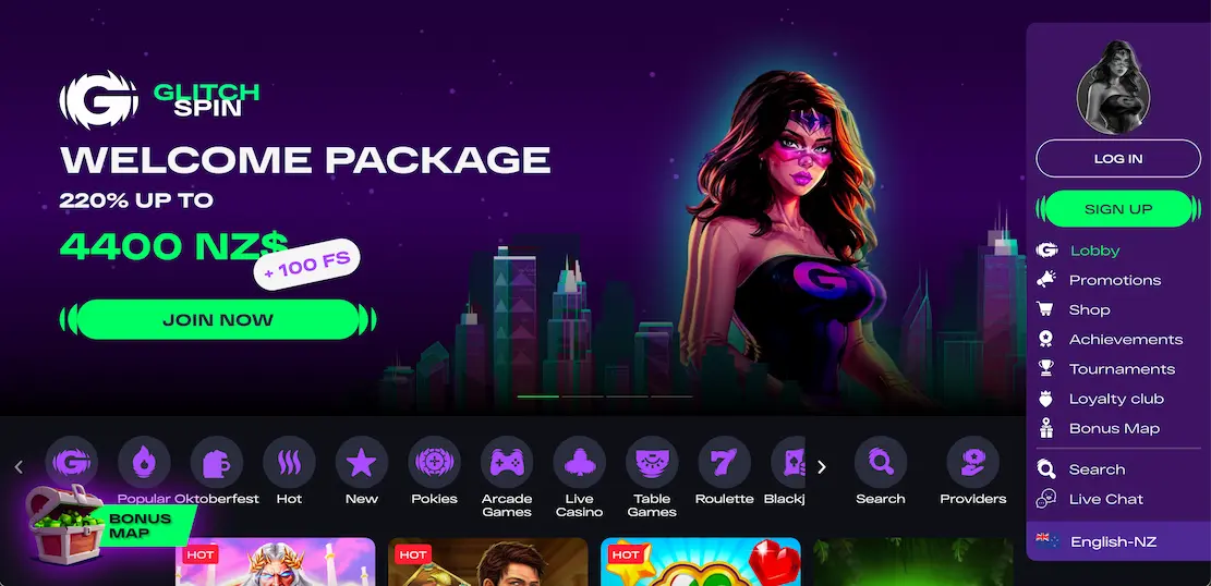 GlitchSpin Casino homepage.