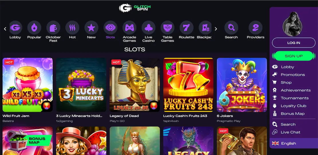 GlitchSpin Casino game selection.