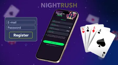 A mobile phone screen showing a casino registration page with email and password fields.