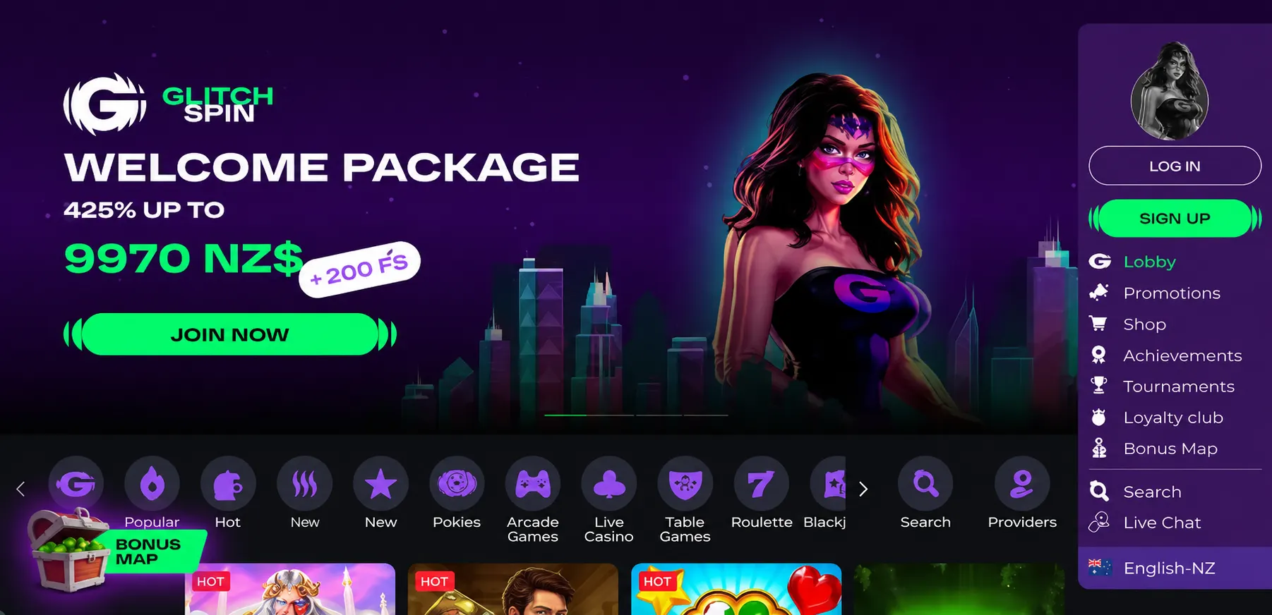 GlitchSpin Casino homepage.