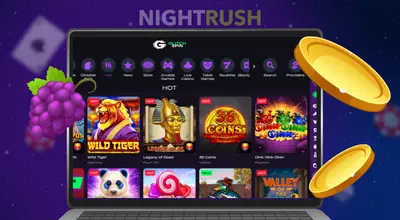A computer screen shows an online casino lobby with various slot game icons.