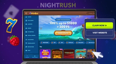 The image is displaying a laptop with Winbay Casino's homepage, claim now and visit website button, a cursor, and a seven.