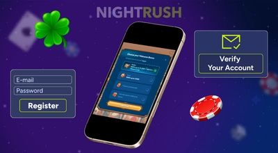 The image is displaying a phone with Winbay Casino's registration page, verify your account and register buttons, a clover, and a red chip.