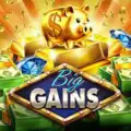 A golden piggy bank sits on bars of gold and stacks of cash with Big Gains written in front.