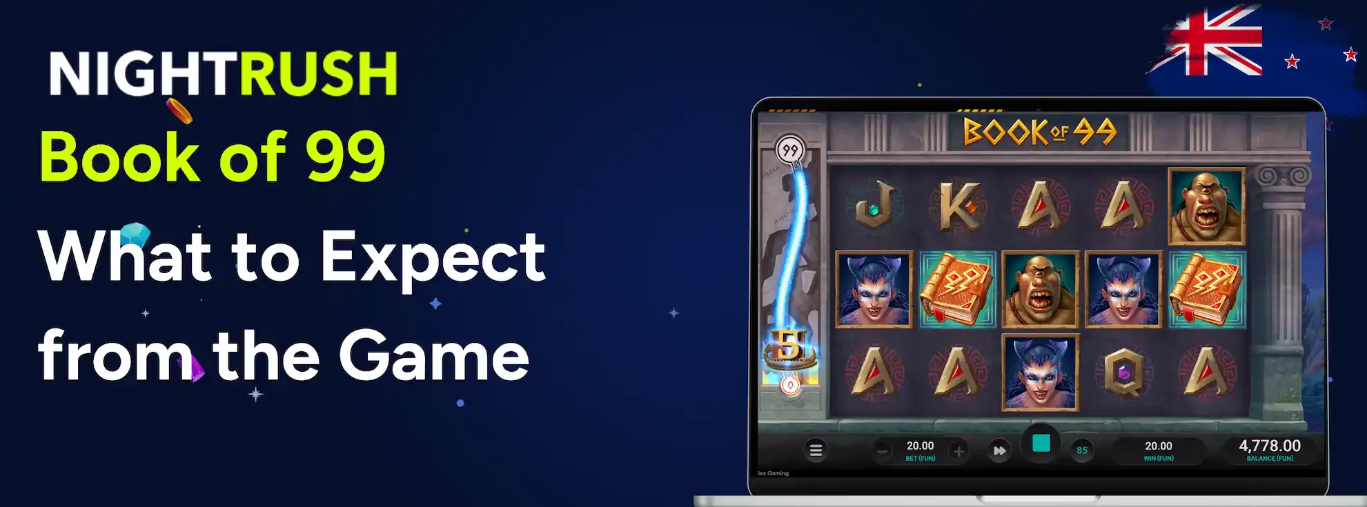 Laptop showing Book Of 99 gameplay with cyclops and siren symbols next to a New Zealand flag.