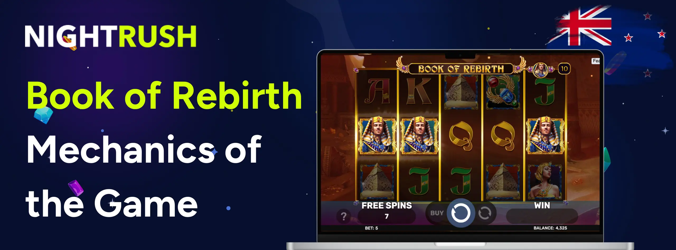 Laptop showing Book of Rebirth free spins gameplay with Pharaoh symbols and a New Zealand flag.