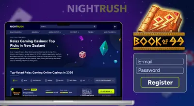 Laptop showing Relax Gaming casino list for 2026 next to the Book Of 99 logo and registration form.