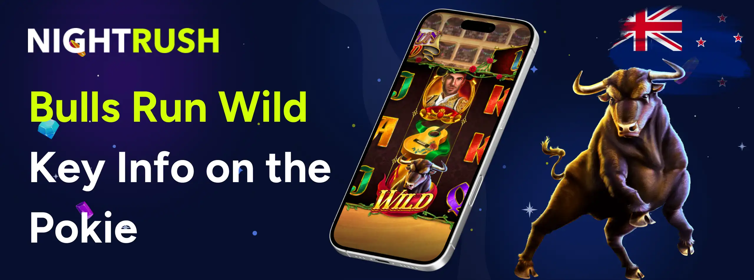 Smartphone showing Bulls Run Wild gameplay next to a charging bull and New Zealand flag.