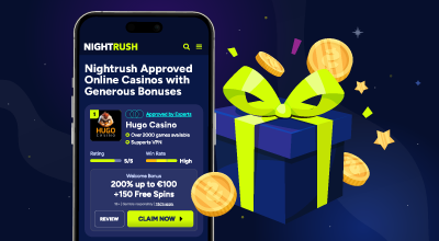 A smartphone displays the "Nightrush Approved Online Casinos" page with a listing for "Hugo Casino," to the right, a blue gift box with a green ribbon is surrounded by gold coins and confetti against a dark blue background.