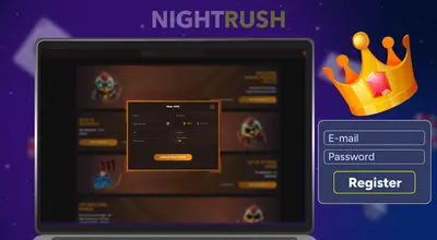 Online casino registration on a laptop with a crown and a register button.