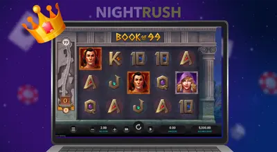 Laptop screen showing Book Of 99 slot with Greek character symbols and a gold crown icon.