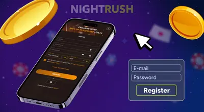 Smartphone showing a registration form for New Zealand next to two gold coins and a cursor.